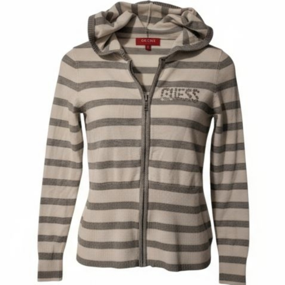 Guess Gray and Cream Striped Zip-Up Hoodie